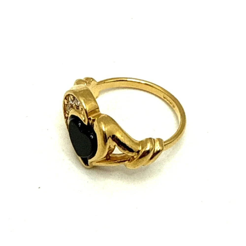 Vintage 1993 Avon Genuine Onyx Heart Ring Gold Tone Rhinestone Accent Sz 5